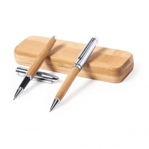 Bambusowy zestaw piśmienniczy, długopis i pióro kulkowe