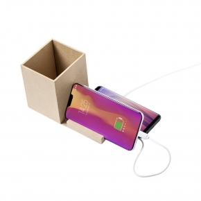 Składana ładowarka bezprzewodowa 5W z kartonu z recyklingu, hub USB 2.0, pojemnik na przybory do pisania, stojak na telefon